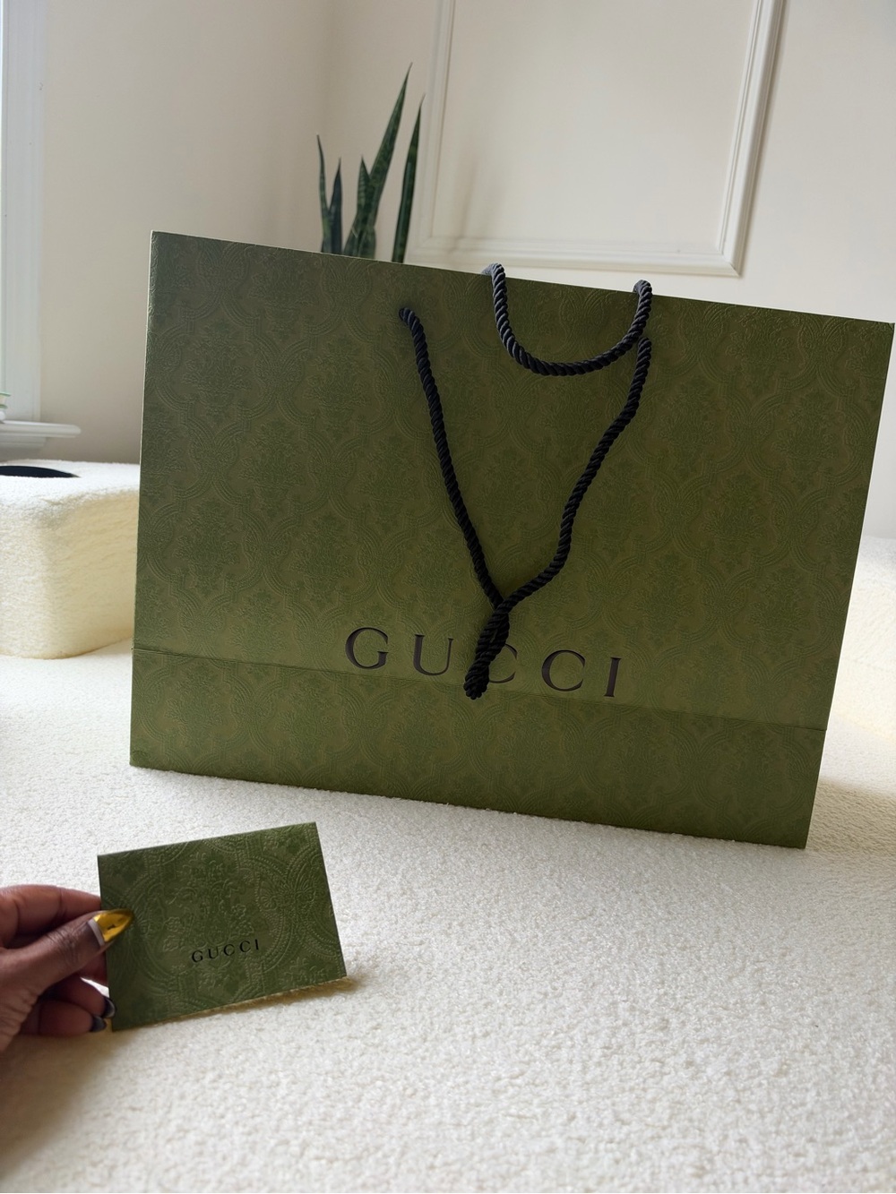 Gucci Olive Green Large Gift Shopping Bag with Black Rope Handles & Card